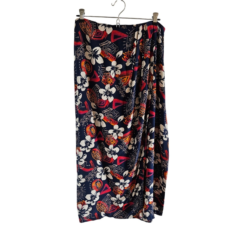 Amanda Smith Pure Silk Maxi Skirt Floral Geometric Navy Blue Red Size 16 Wrap